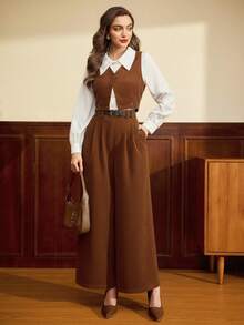 Vintamour Bộ đồ nữ cổ điển thanh lịch 2 mảnh gồm áo vest không tay cổ chữ V có cúc và đai, quần ống rộng cạp cao màu nâu, áo nữ thường ngày, quần áo mùa đông cho nữ, bộ hai mảnh cho nữ, trang phục năm mới cho nữ, trang phục Giáng sinh cho nữ, áo vest nữ, bộ 2 mảnh, áo blazer nữ công sở, trang phục Giáng sinh, bộ đồ phối hợp, áo croptop nữ, trang phục công sở nữ, quần tây nữ, quần công sở nữ, ngày lễ tình nhân, ngày Valentine - màu nâu - Xem 5