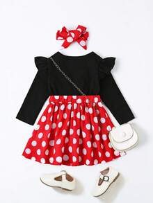 SHEIN Playful Pals Baby Girl Polka Dot Print Ruffle Trim Bow Front 2 In 1 Dress With Headband - Multicolor - View 2