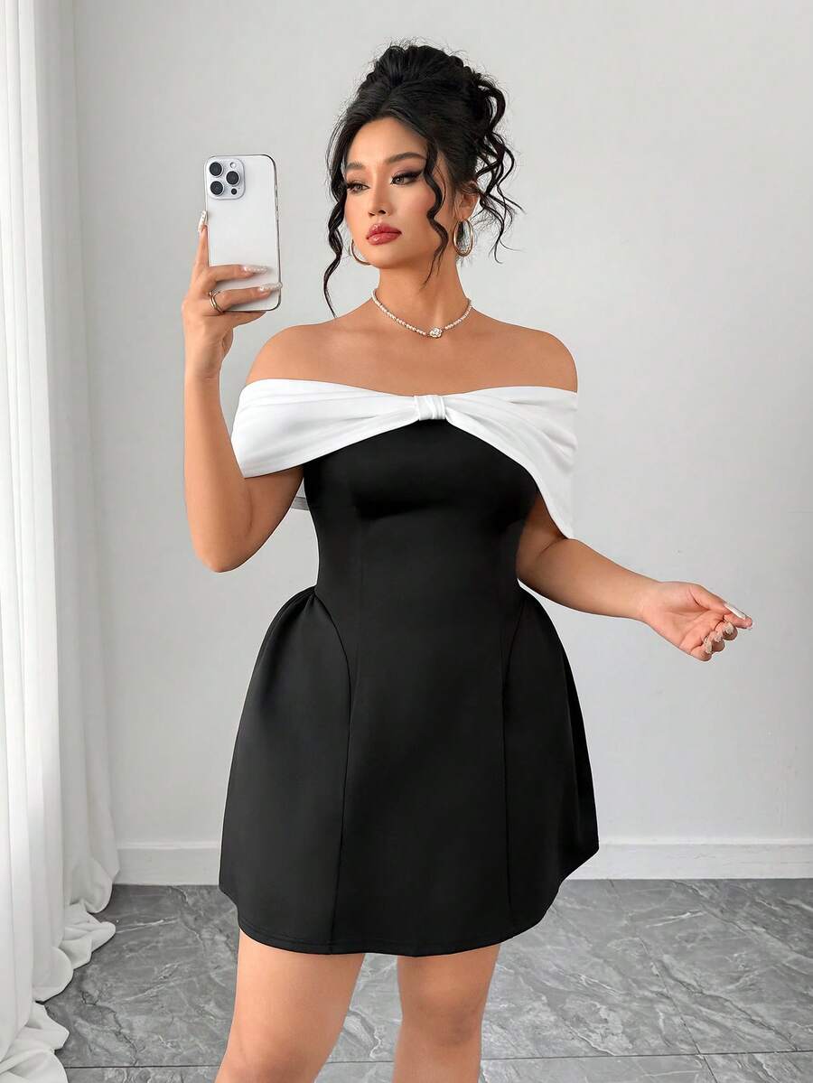 Elenzga Plus Size Women's Elegant Black And White Summer Cocktail Off-Shoulder Bow Tie Neck Mini Dress,Curve A-Line Ruffle Hem Waist Cinching Dress - Black and White - View 1