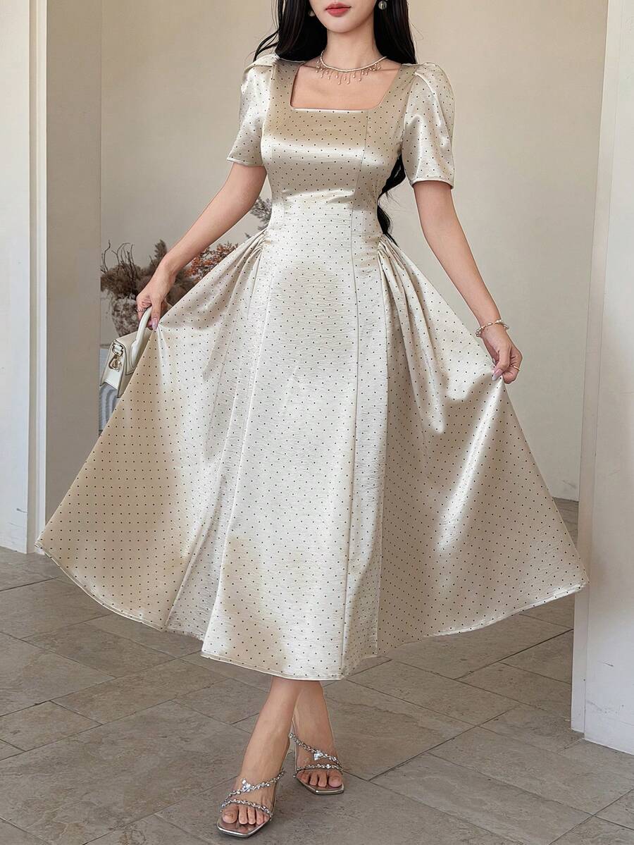 DAZY 女士优雅波点方领泡泡袖褶皱中长连衣裙，夏季婚礼宾客礼服/吊带裙/鸡尾酒裙 - 杏色 - 查看 1