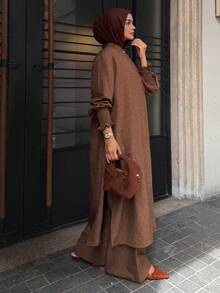 DAZY 女士休闲宽松长款衬衫和阔腿裤两件套，春夏女士家居服套装 - 卡其色 - 查看 5