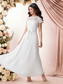 Pitira Vestido maxi elegante y lujoso de línea A con parches de bordado soluble en agua de color blido liso, adecuado para niñas adolescentes, niña de las flores, baile de graduación, fiesta y otras ocasiones, apropiado para primavera y verano, vestido de fiesta, vestido de noche - Blanco - Ver 4