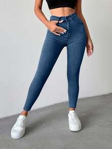 SHEIN Petite High Waist Casual Skinny Jean - Medium Wash - View 4