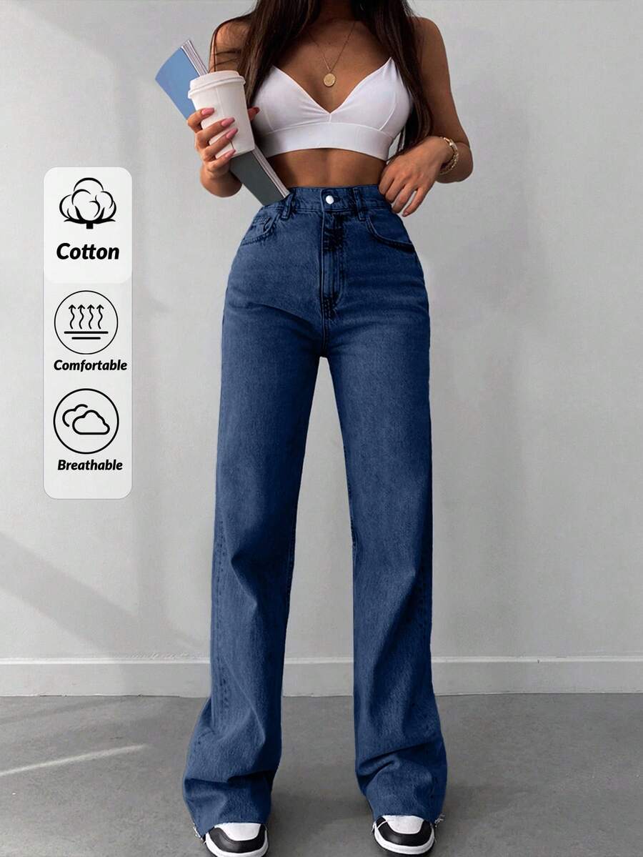 SHEIN Tall High Waist Raw Hem Wideleg Jean - Dark Wash - View 1