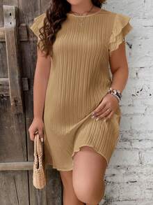 SHEIN Frenchy Vestido casual de verano de talla grande, cuello redondo, manga corta, unicolor - Albaricoque - Ver 6