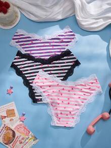 Eraneu 3pcs/Pack Lace Patchwork Panties, Valentine's Day - Multicolor - View 2
