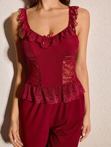 SHEIN Wine Red Women's Ruffled Lace Patchwork Side Hollow Out Camisole Pajama Set - Burgundy - View 4