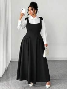 Elenzga 大码女士优雅黑色系带吊带纹理面料背带裙，搭配酒红色优雅大码女士套装，适合办公室通勤、春夏毕业典礼、节日、情人节、音乐节、母亲节、万圣节、感恩节、复活节、国庆节、舞会、约会派对、婚礼季、户外郊游等场合。 - 黑色 - 查看 8