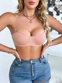 SHEIN 可拆卸透明肩带性感钢圈薄杯文胸 - 粉色 - 查看 4