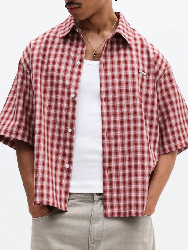 SUMWON Short Sleeve Button Down Checked Pattern Collared Shirt With Chest Pocket Summer Casual Regular Fit Woven Top