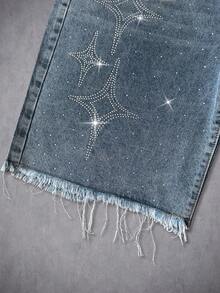 Manfinity ZONE917 Unisex Rhinestone Embellished Denim Shorts - Blue - View 3