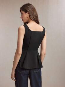 BizChic New Spring/Summer Black Square Neck Front Open Metal Rhinestone Decor Vest, Versatile For Layering, Y2K, Office, Business, Social Occasions - Black - View 3