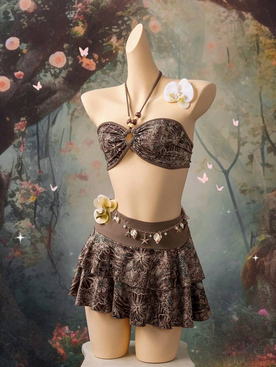 EgrlEra 两件套女士性感无袖露背吊带背心搭配复古印花撞色A字迷你裙，低腰可爱时尚套装，适合春夏海滩度假 - 彩色 - 查看 1