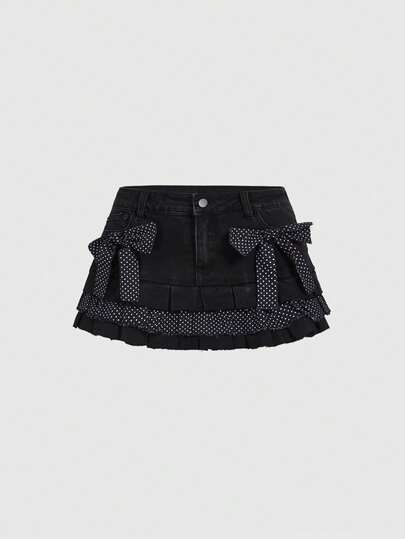 ROMWE Grunge Punk Y2K 超低腰拼接波点双层荷叶边超短牛仔迷你裙