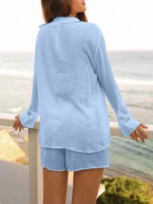 Swim Vcay Cubre todo de mujer de ajuste holgado y casual de unicolor de manga larga - Celeste - Ver 2