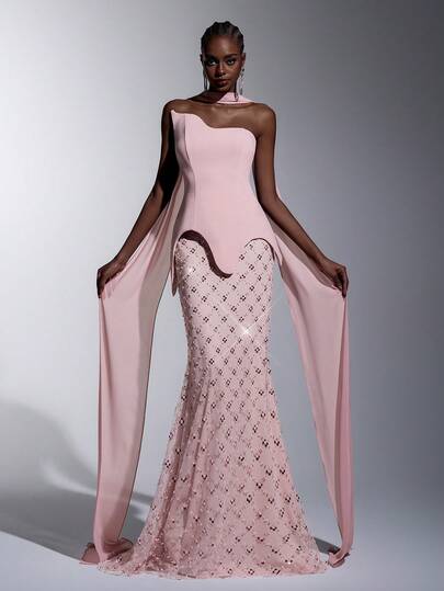 Elitara 优雅奢华的深粉色亮片刺绣褶皱面料，手工亮片贴花装饰，不对称领口飘逸系带鱼尾下摆女士正式晚礼服