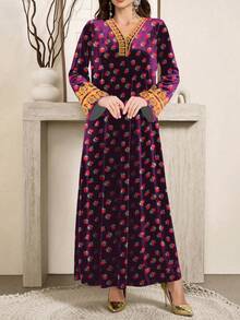 SHEIN Najma 女士红色花卉印花紫色优雅长袖丝绒阿拉伯连衣裙，春秋季 - 綠色 - 查看 3