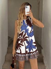 Easowa Women's Mini Dress With Coconut Tree Placement Print, Suitable For Spring/Summer Spring - Multicolor - View 3