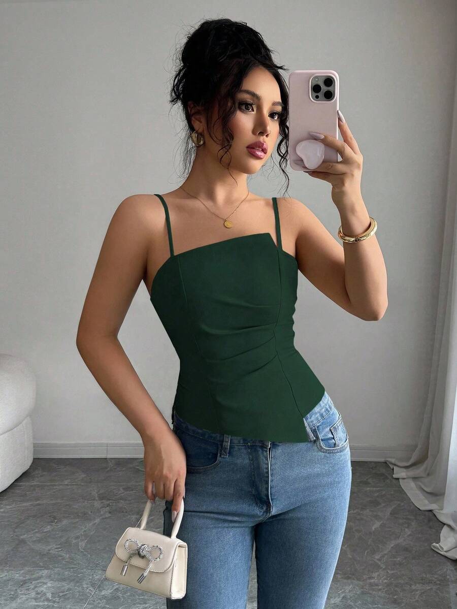 Elenzga Áo tank top nữ thiết kế xếp ly thanh lịch và dễ thương - màu xanh lá - Xem 1
