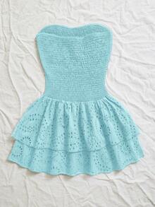 SHEIN Unity Navy Blue Vacation Style Pleated Sleeveless Halter Sexy Cinched Waist Hollow Embroidered Ruffle Hem Elegant Dress - Mint Blue - View 2