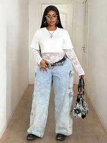 Maweii Plus Size Summer Fashion Solid Color Contrast Lace Long Sleeve Bodysuit - White - View 2