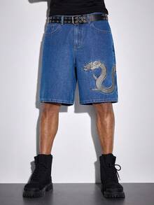 ROMWE MEN 男士夏季休闲龙纹刺绣斜插口袋牛仔短裤 - 藍色 - 查看 7