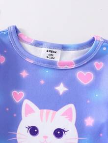 2pcs Baby Girls Snug Fit Sleepwear Set, Cozy Cat & Heart Glow-In-The-Dark Print, Stretchy Knit Fabric, Long Sleeve Top And Pants