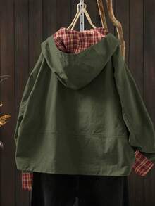 Linhara Áo khoác dài tay dáng rộng phối màu kẻ caro và trơn, kiểu dáng thường ngày, cỡ lớn. - màu xanh lá - Xem 2