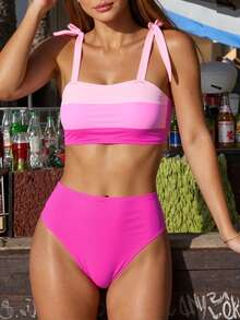 Swim Mod Summer Beach Colorblock Tie Shoulder Bikini Set, Vacation Bikini - Pink - View 3