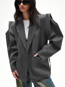 Aveloria Affinna 宽松休闲通勤百搭超宽肩廓形收腰纯色西装外套 - 灰色 - 查看 4