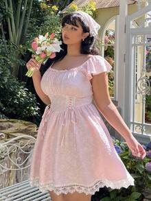 Lyrianda Đầm mini dáng rộng, cổ vuông, tay ngắn, phối màu patchwork, thanh lịch, phong cách vintage, thường ngày, dễ thương, thích hợp cho kỳ nghỉ. - Hồng - Xem 8