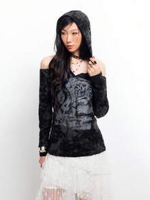 Bloopia Women's All-Over Print Hooded Neck Hollow Out Fashionable Long Sleeve Top - Grey - View 5