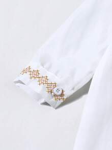 SHEIN 2件組嬰兒幼童男嬰金色刺繡立領長袖內搭褲套裝，阿拉伯穆斯林傳統生日秋季穿搭 - 白色 - 查看 8