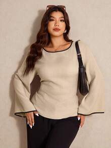 Elaquor Plus Size Color Block Trim Bell Sleeve Casual Blouse, Suitable For Spring & Autumn Bell Sleeve Long Sleeve Top - Apricot - View 5