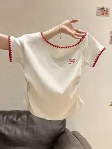 SHEIN 女士撞色饰边蝴蝶结褶皱短袖T恤 - 白色 - 查看 6
