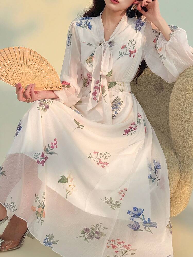 Women's Elegant Floral Print Midi Dress With Tie Collar, Spring/Summer Wedding Guest Dress Sundress