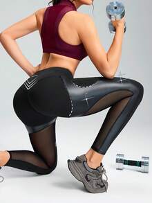 Innovista Women's Mesh Patchwork Ruched Bottoms Dance Leggings PU Mesh Legg Black High Waist Leggings, Stretch PU Leather-Look Paneling + Breathable Mesh, Sculpting Compression, Tummy Control, Booty Contour | Gym Training Running Yoga Pilates |  Leggings Negros Con Panel PU Y Malla Transpirable | Gymtok Moto Athleisure - Black - View 9