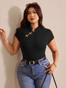 Elaquor 大码女式纯色立领金属纽扣休闲度假日常短袖T恤，罗纹针织T恤，大码短袖上衣，纯色上衣，春季女式上衣 - 黑色 - 查看 6