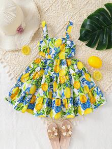 SHEIN Young Girl Frill Trim Keyhole Back Butterfly Sleeve Dress ,Lemon Print Ruffle Sleves Long Dress , Summer Vacation,Mom And Daughter & Sisters Matching Style ,Matching Family Vacation , Holidays,Beach Vacation, Lemon Print Dress For Girls, Girls Summer Dress - Yellow - View 6