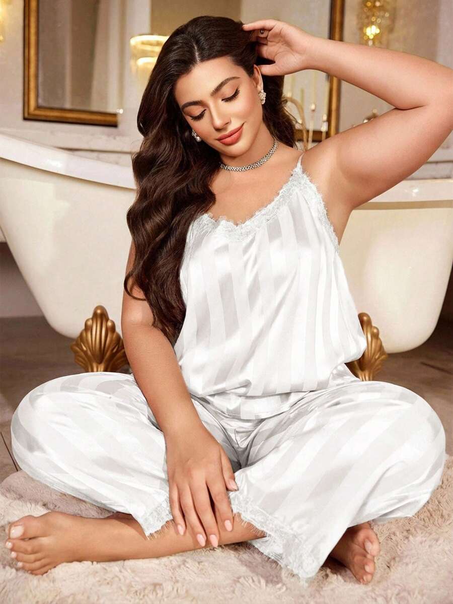 MuseNap CURVE 大码优雅酒红色仿丝蕾丝边吊带背心和裤子睡衣套装 - 白色 - 查看 1