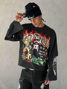 Manfinity EMRG 人像火焰印花圆领长袖卫衣 - 黑色 - 查看 4