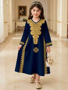 Elegant Vintage Burgundy Lace Print Dress For Young Girls, Suitable For Spring/Summer, Festive Occasions - White - View 2