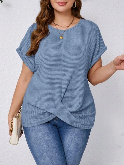 SHEIN Clasi Plus Size Summer Casual Solid Color Twist Batwing Sleeve T-Shirt, Going Out Tops