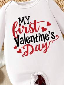 1 Pack Newborn Baby Pajamas, Heart & Letter Print Knitted Envelope Collar Long Sleeve Footie Sleepwear, Suitable For Everyday Wear And Lounging, All Season - White - View 4