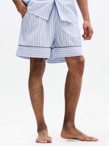 SUMWON Striped Short Sleeve Shirt And Shorts Pajama Set Two Piece Loungewear Summer Sleepwear Relaxed Fit Button Up With Contrast Trim - Blue - View 5