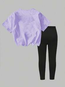 2pcs/Set Young Girls Casual Comfortable Fashion Versatile Creative Cute Cartoon K-POP Girl Star & Letter Print Short Sleeve T-Shirt And Leggings Set, Suitable For Spring/Summer Outdoor & Sports - Purple - View 2