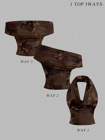 SHEIN MOD 休闲简约度假波西米亚风优雅浪漫复古棕色渐变花卉印花图案，适合春夏穿着，舒适露肩垂褶领口百搭女士背心