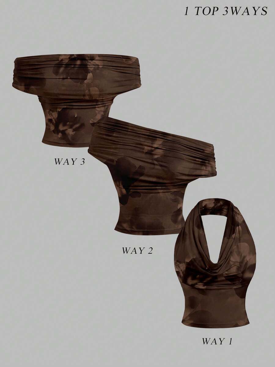 SHEIN MOD Casual Minimalist Vacation Bohemian Elegant Romantic Retro Brown Ombre Gradient Floral Print Pattern, Suitable For Spring/Summer Comfortable Off-Shoulder Draped Neck Versatile Women Tank Top Spring - Multicolor - View 1