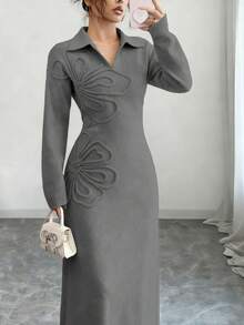 Selianne Đầm len dài tay màu trơn dành cho nữ, kiểu dáng thường ngày, có họa tiết thêu. - Màu Xám nhạt - Xem 3