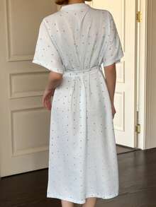 SHEIN Napfluff 女士夏季条纹樱桃印花系带裹身睡袍 - 藍白色 - 查看 2